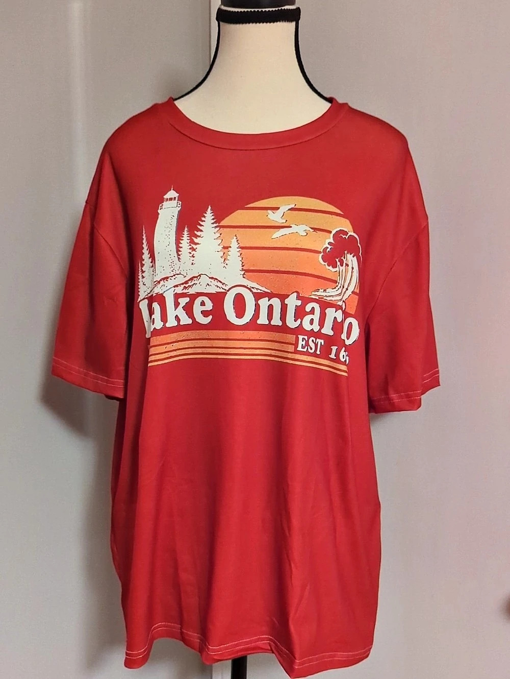 Lake Ontario Est 1656 Lighthouse Graphic T-Shirt Red Large
